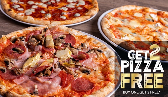 Get 2 Pizzas for free, buy one get 2 for free!